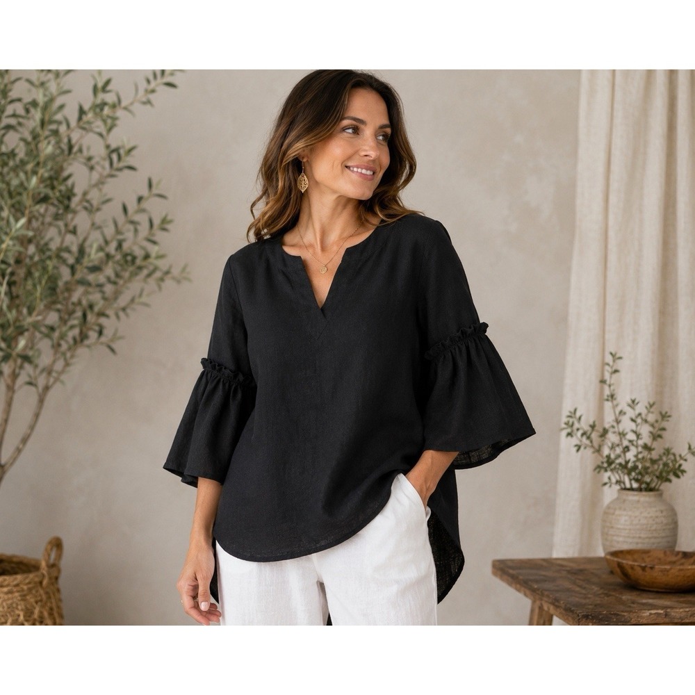 NWT Crown Linen Designs 100% Linen Tunic Top Size XS Sleeve Boho Coastal Black